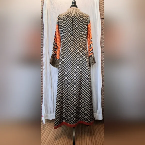 Elegant Long Sleeve Silk Kimono Style Dress with Side Slits Gold Embellished - Picture 4 of 13